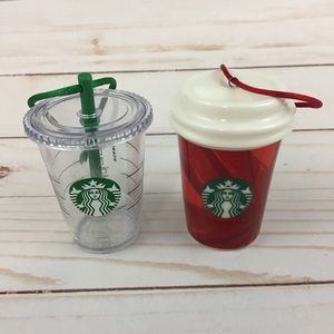 Starbucks Tree Ornaments Ceramic w Hot Coffee Selection & Acrylic Cold Cup 2014